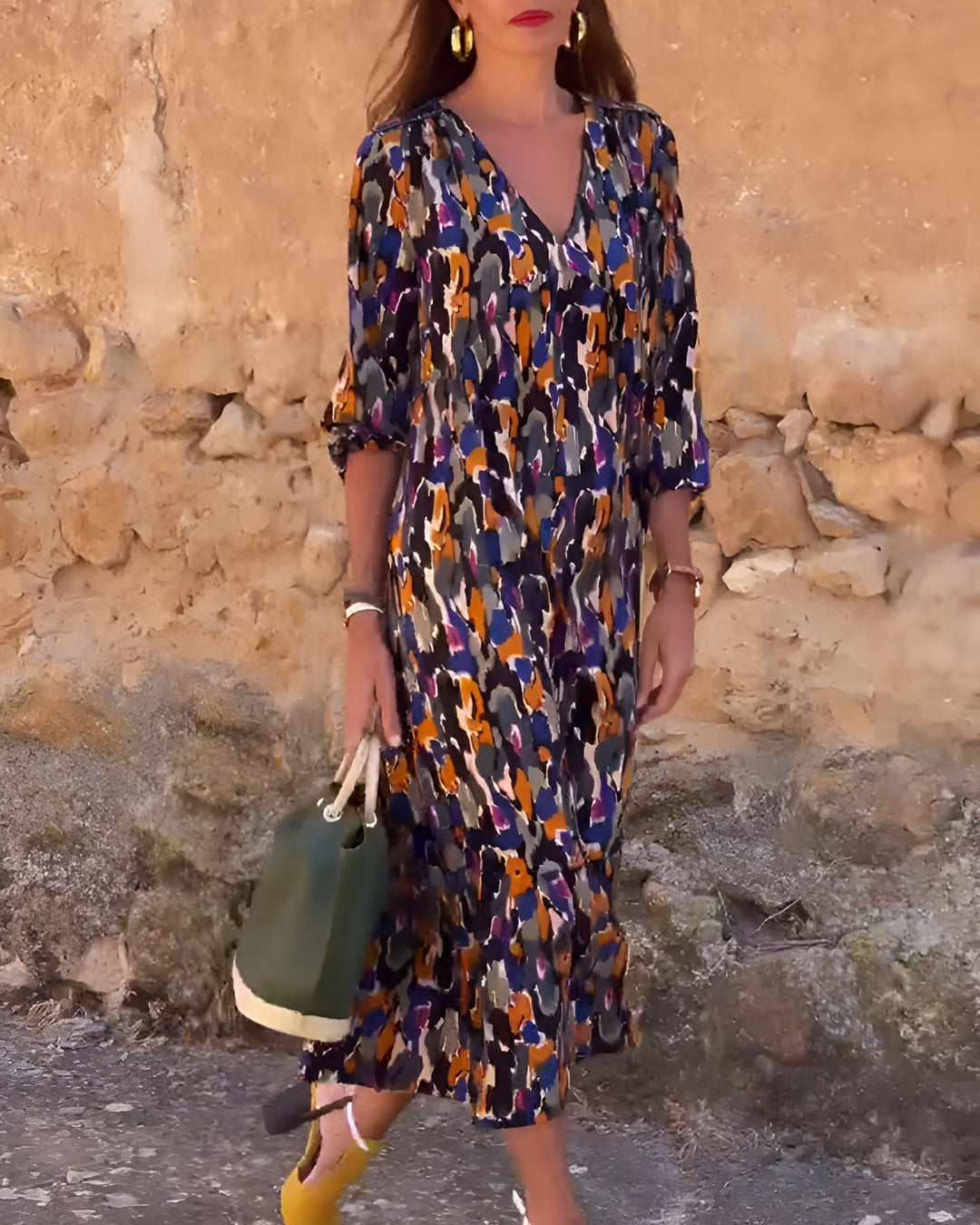 Nathalie | Retro Patterned V-Neck Dress