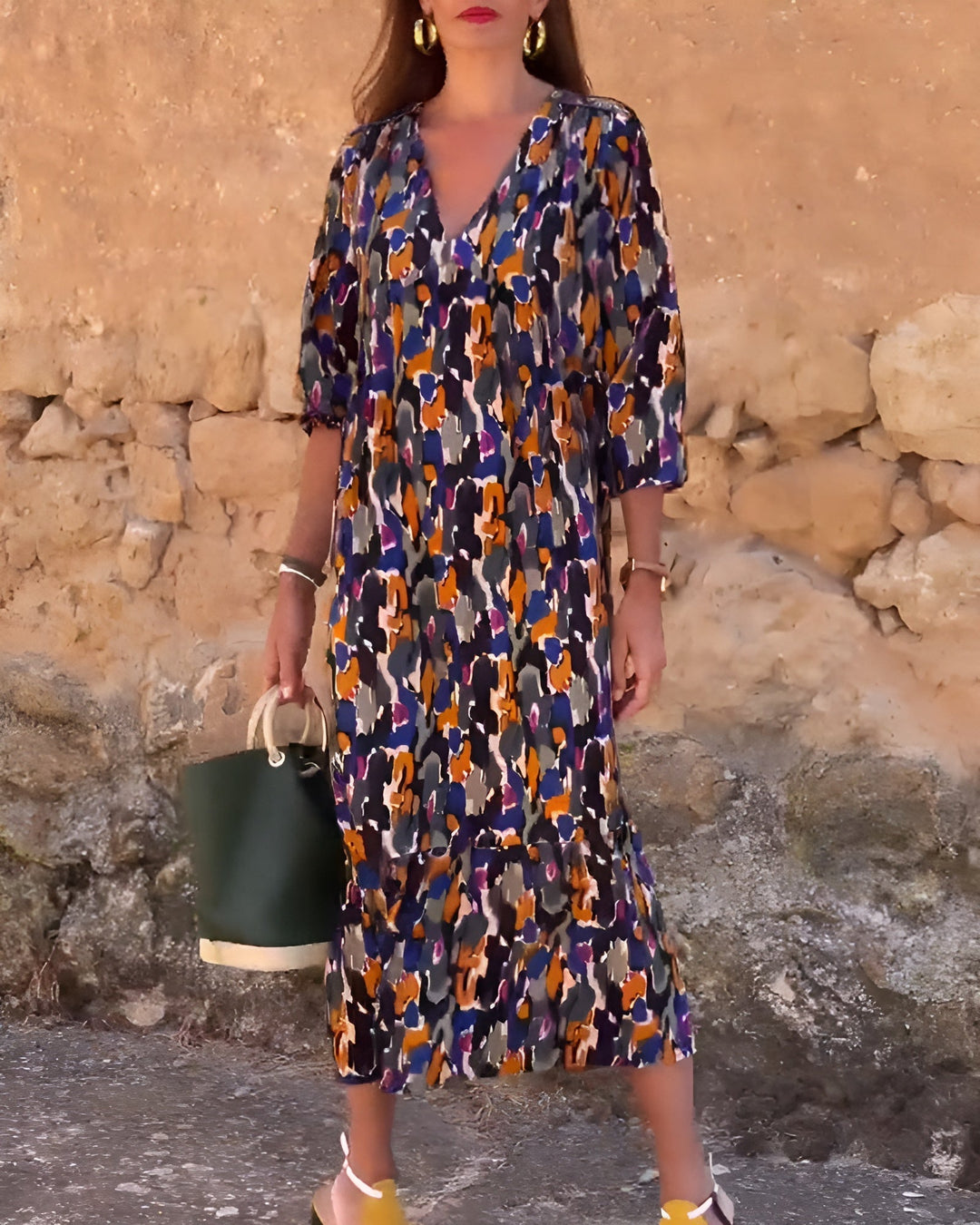 Nathalie | Retro Patterned V-Neck Dress
